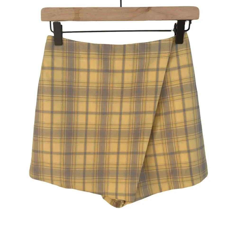 AEL‎ Studio Yellow & Grey Plaid Skort Womens Size Small Preppy Mini